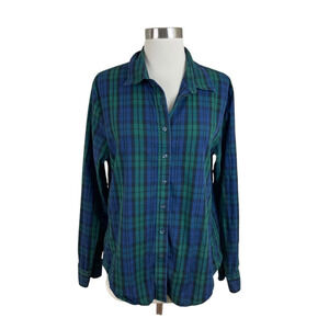 Rochelle Behrens XL Navy Green Blackwatch Plaid Shirt Classic Preppy